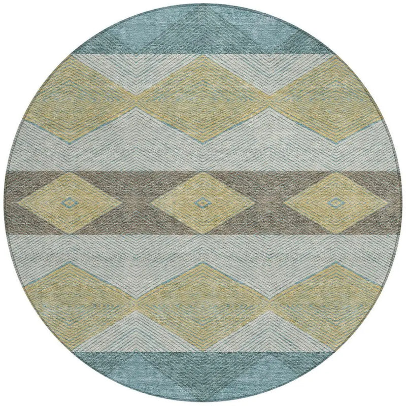8' Teal Blue And Gold Round Geometric Washable Indoor Outdoor Area Rug Homeroots Outdoor
