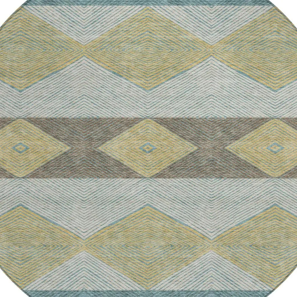 8' Teal Blue And Gold Round Geometric Washable Indoor Outdoor Area Rug Homeroots Outdoor