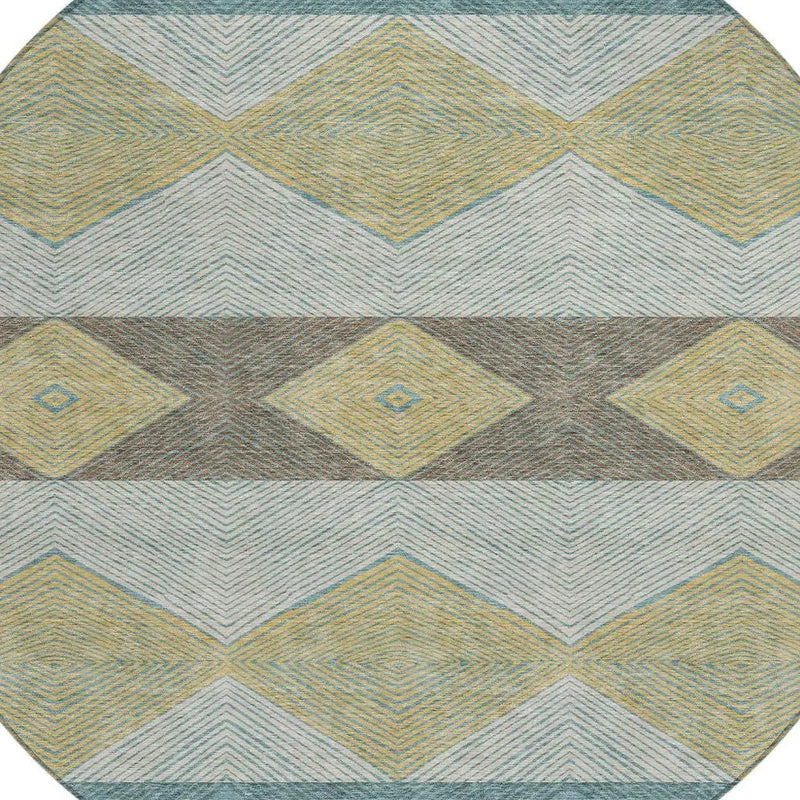 8' Teal Blue And Gold Round Geometric Washable Indoor Outdoor Area Rug Homeroots Outdoor