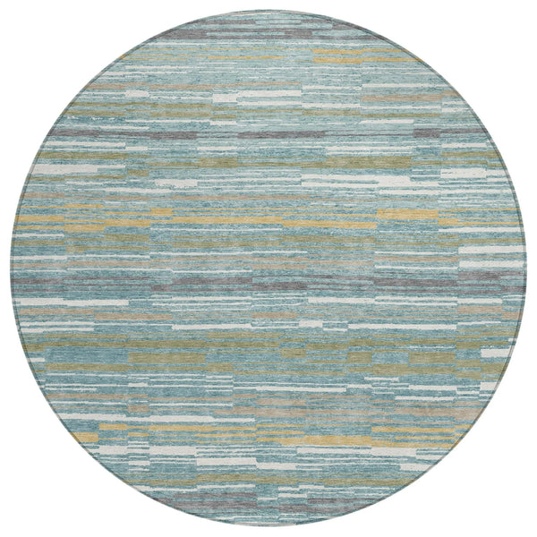 8' Teal Blue And Gold Round Striped Washable Indoor Outdoor Area Rug Homeroots Outdoor