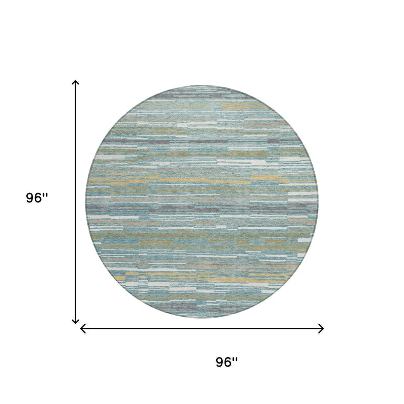 8' Teal Blue And Gold Round Striped Washable Indoor Outdoor Area Rug Homeroots Outdoor