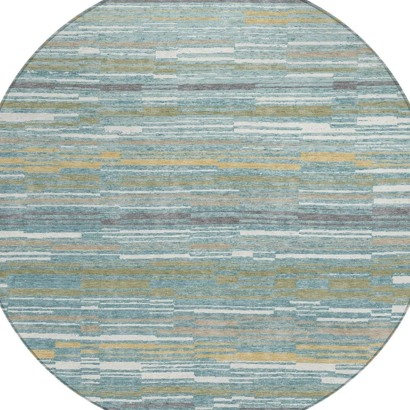 8' Teal Blue And Gold Round Striped Washable Indoor Outdoor Area Rug Homeroots Outdoor