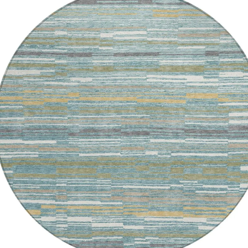 8' Teal Blue And Gold Round Striped Washable Indoor Outdoor Area Rug Homeroots Outdoor