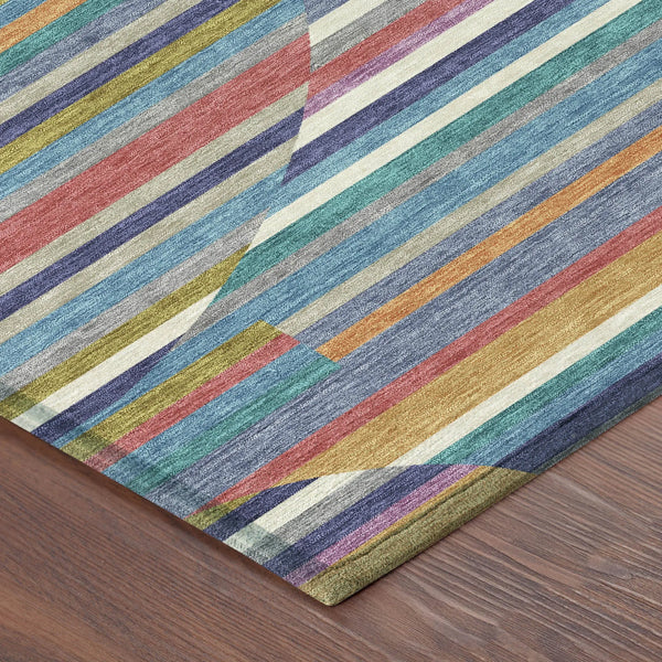 8' Teal Blue And Gold Round Striped Washable Indoor Outdoor Area Rug Homeroots Outdoor