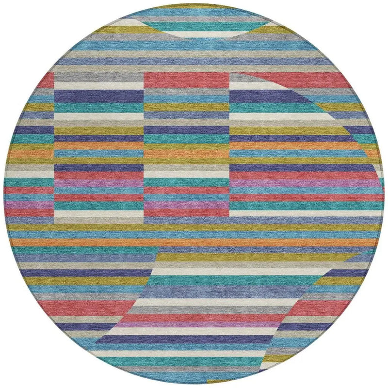 8' Teal Blue And Gold Round Striped Washable Indoor Outdoor Area Rug Homeroots Outdoor