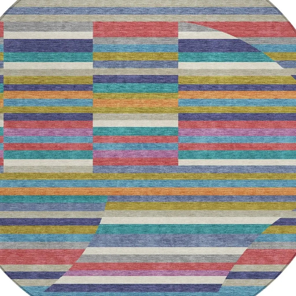 8' Teal Blue And Gold Round Striped Washable Indoor Outdoor Area Rug Homeroots Outdoor