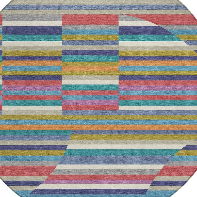 8' Teal Blue And Gold Round Striped Washable Indoor Outdoor Area Rug Homeroots Outdoor