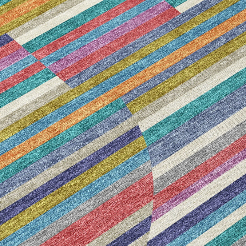 8' Teal Blue And Gold Round Striped Washable Indoor Outdoor Area Rug Homeroots Outdoor