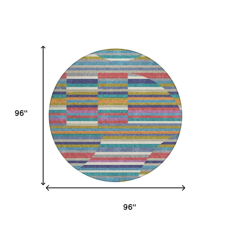 8' Teal Blue And Gold Round Striped Washable Indoor Outdoor Area Rug Homeroots Outdoor
