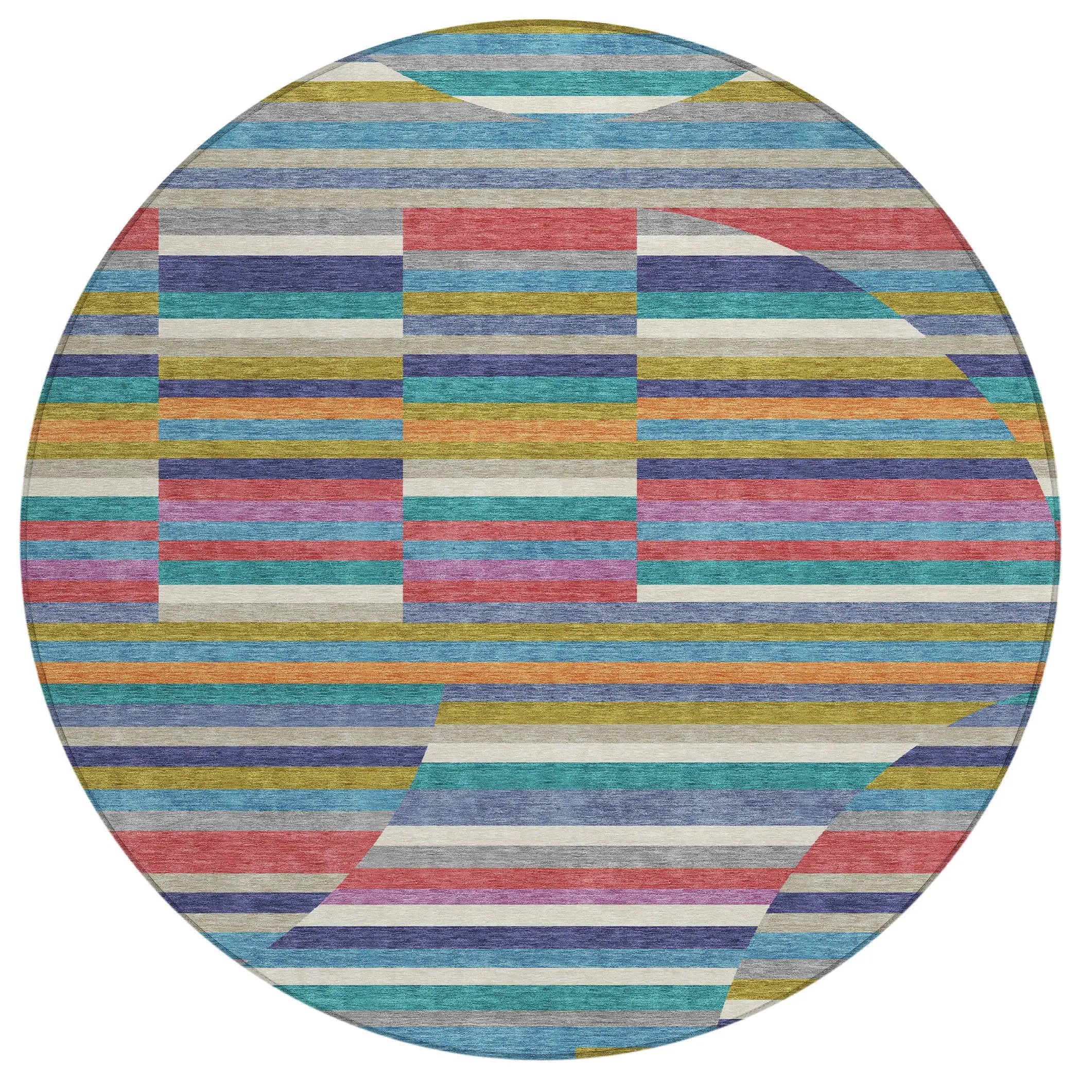8' Teal Blue And Gold Round Striped Washable Indoor Outdoor Area Rug Homeroots Outdoor