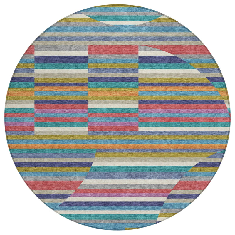 8' Teal Blue And Gold Round Striped Washable Indoor Outdoor Area Rug Homeroots Outdoor