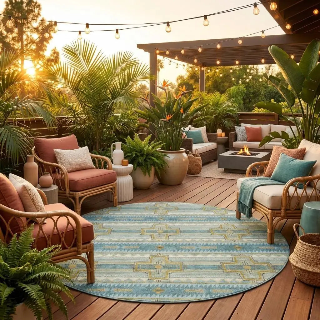 8' Teal Blue And Gold Round Tribal Washable Indoor Outdoor Area Rug Homeroots Outdoor