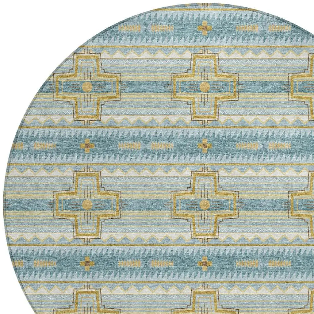 8' Teal Blue And Gold Round Tribal Washable Indoor Outdoor Area Rug Homeroots Outdoor
