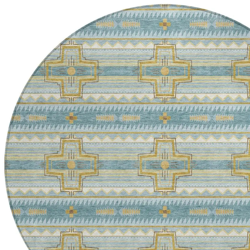8' Teal Blue And Gold Round Tribal Washable Indoor Outdoor Area Rug Homeroots Outdoor