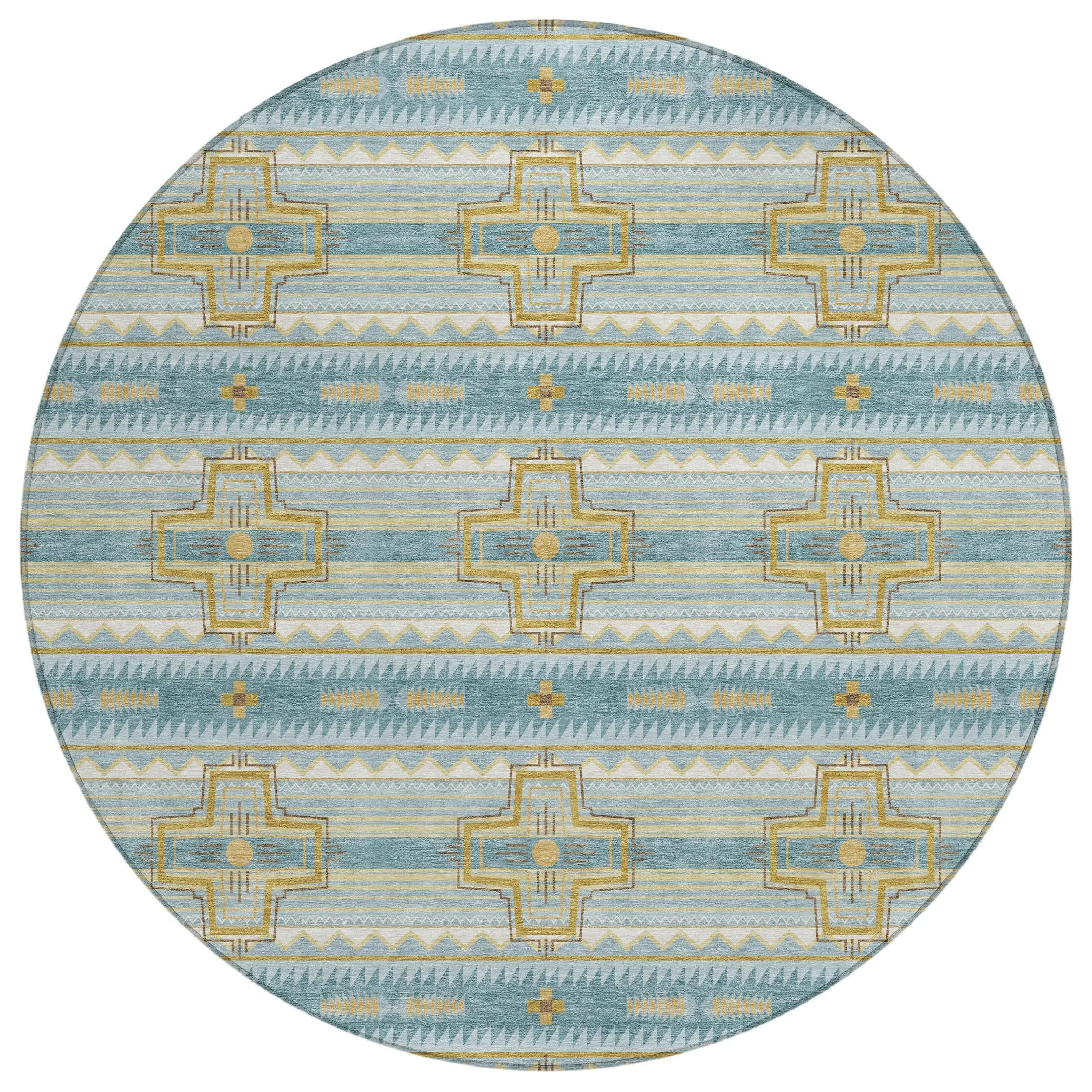 8' Teal Blue And Gold Round Tribal Washable Indoor Outdoor Area Rug Homeroots Outdoor