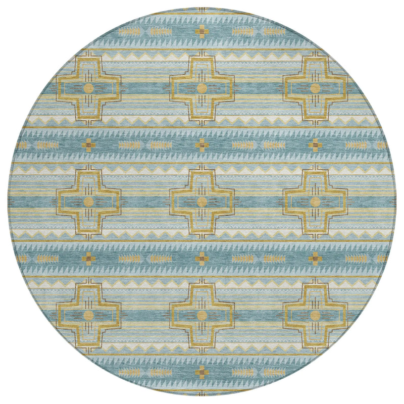 8' Teal Blue And Gold Round Tribal Washable Indoor Outdoor Area Rug Homeroots Outdoor