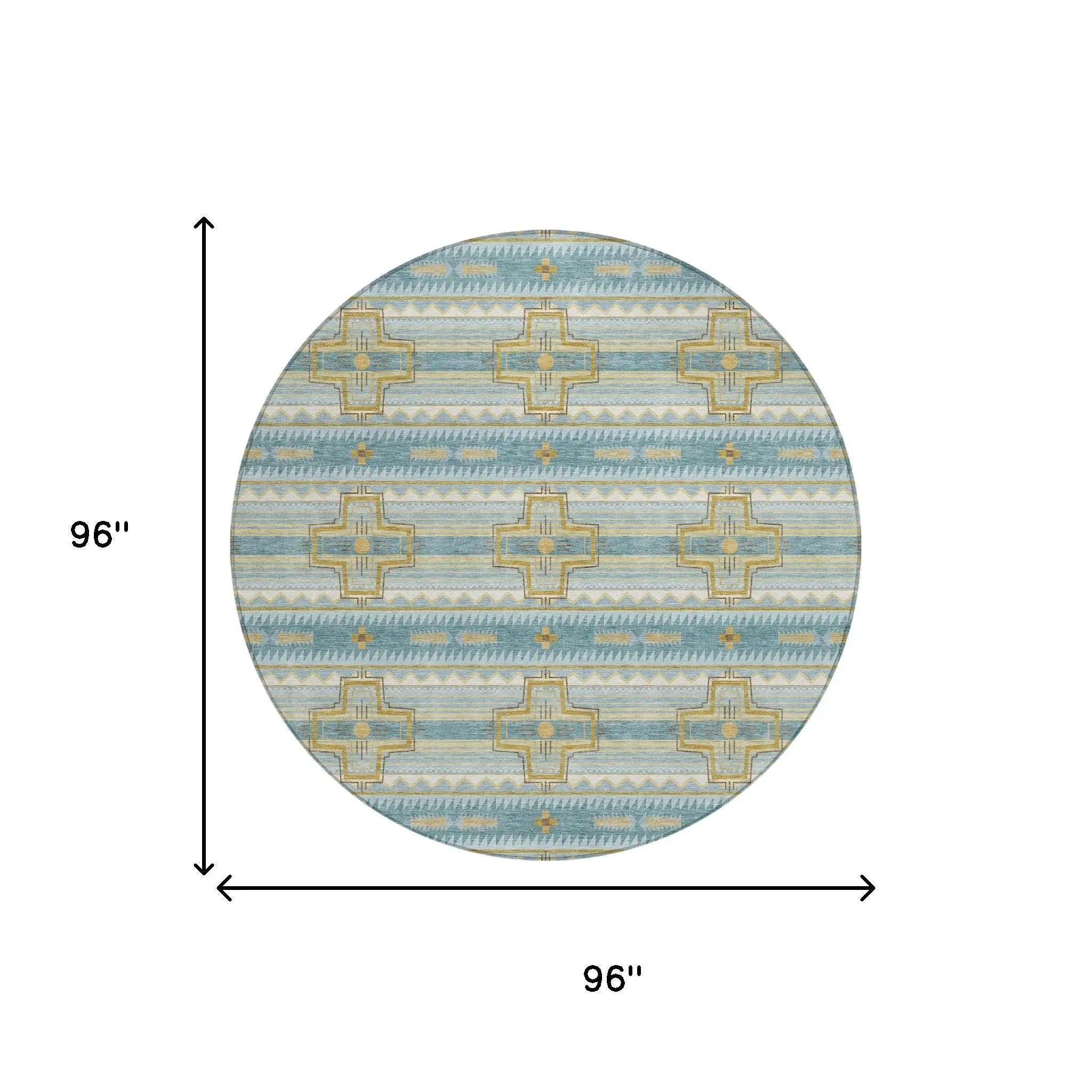 8' Teal Blue And Gold Round Tribal Washable Indoor Outdoor Area Rug Homeroots Outdoor