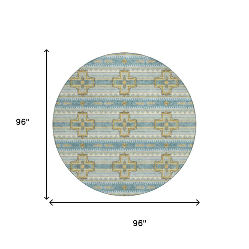 8' Teal Blue And Gold Round Tribal Washable Indoor Outdoor Area Rug Homeroots Outdoor