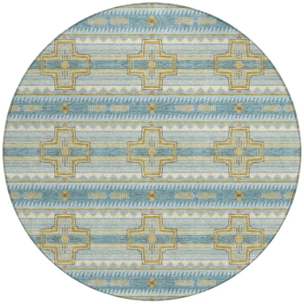 8' Teal Blue And Gold Round Tribal Washable Indoor Outdoor Area Rug Homeroots Outdoor