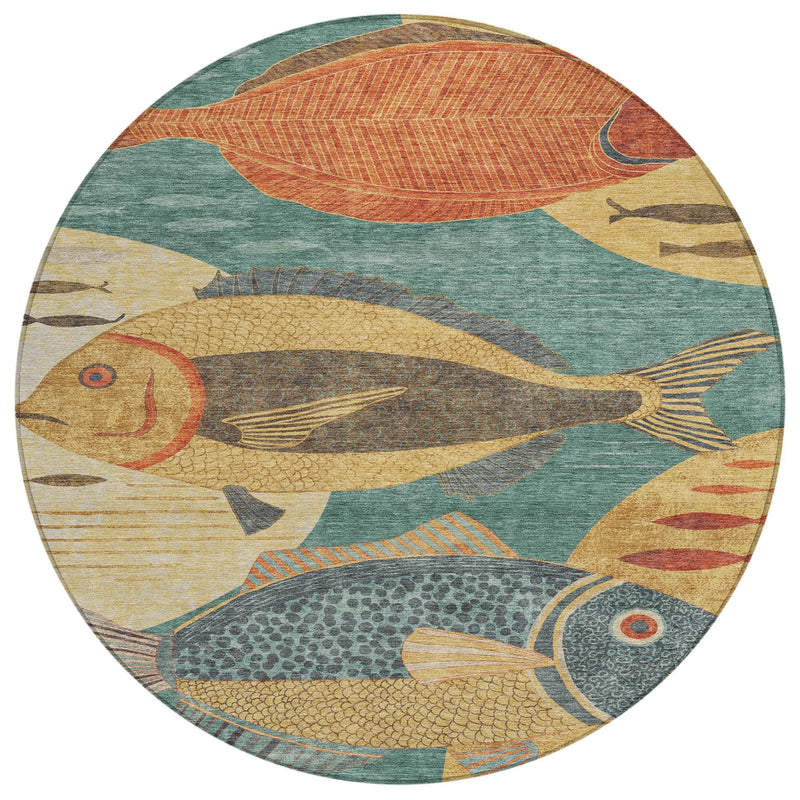 8' Teal Blue And Gold Round Tropical Fish Washable Indoor Outdoor Area Rug Homeroots Outdoor