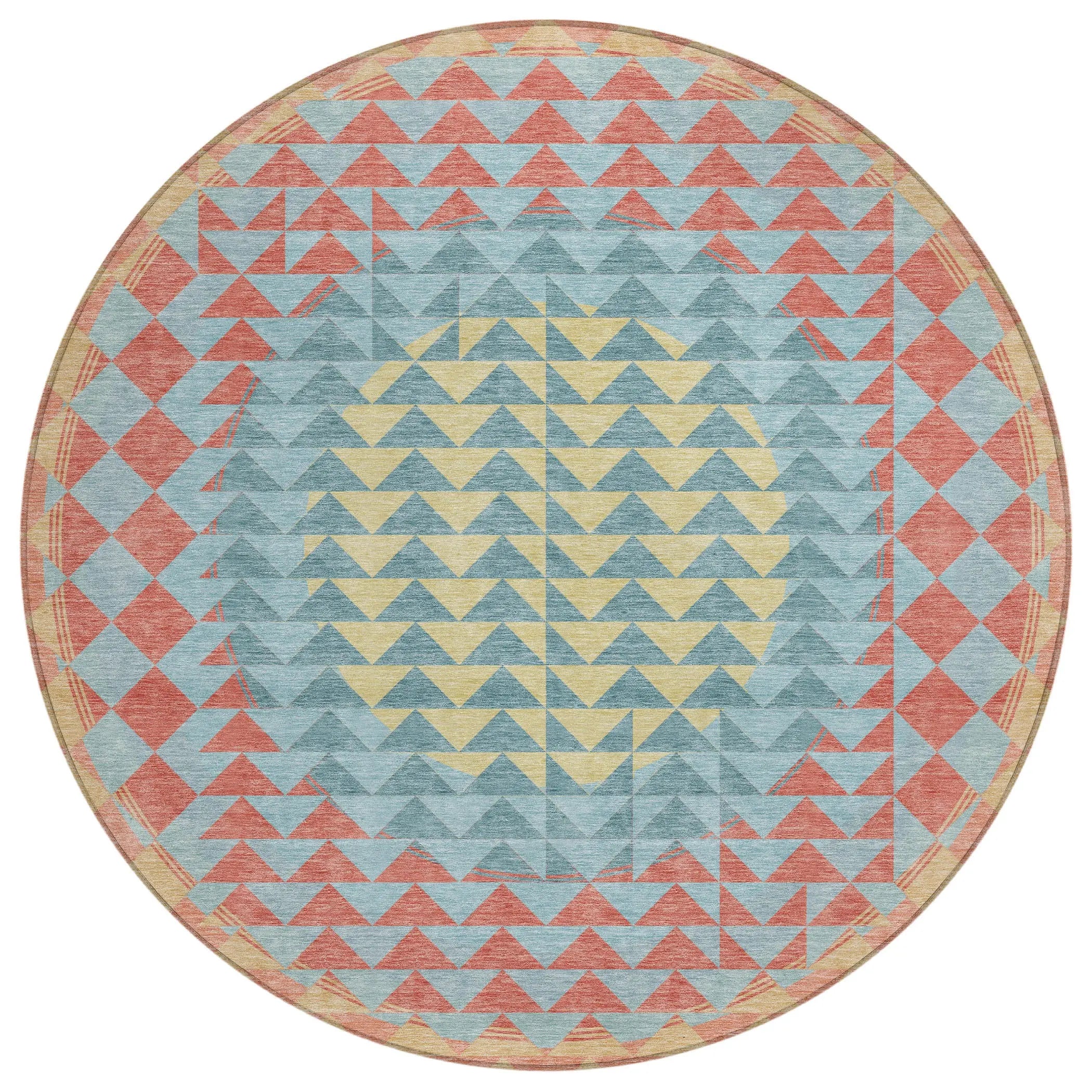 8' Teal Blue And Granite Gray Round Geometric Washable Indoor Outdoor Area Rug Homeroots Outdoor