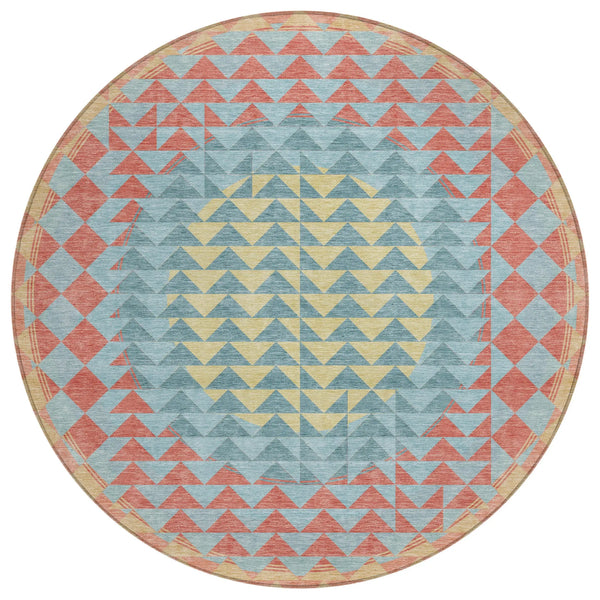 8' Teal Blue And Granite Gray Round Geometric Washable Indoor Outdoor Area Rug Homeroots Outdoor