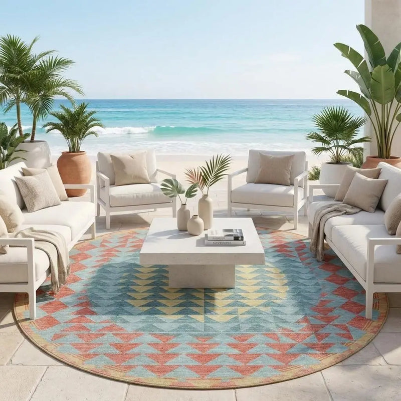 8' Teal Blue And Granite Gray Round Geometric Washable Indoor Outdoor Area Rug Homeroots Outdoor