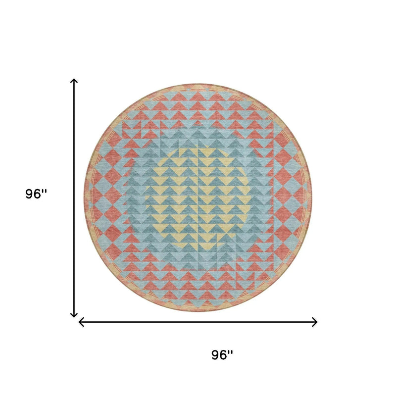 8' Teal Blue And Granite Gray Round Geometric Washable Indoor Outdoor Area Rug Homeroots Outdoor