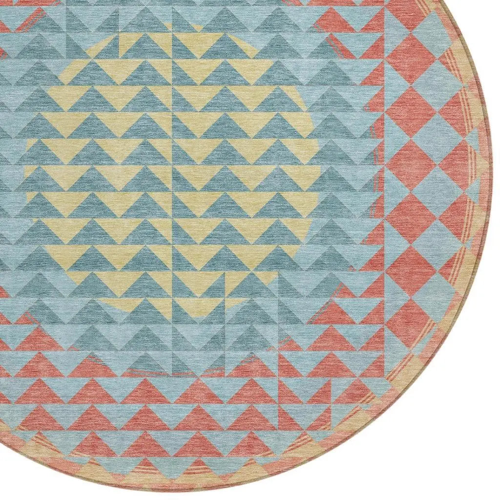 8' Teal Blue And Granite Gray Round Geometric Washable Indoor Outdoor Area Rug Homeroots Outdoor