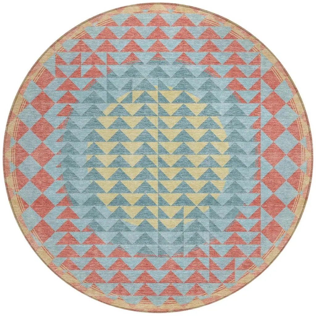 8' Teal Blue And Granite Gray Round Geometric Washable Indoor Outdoor Area Rug Homeroots Outdoor