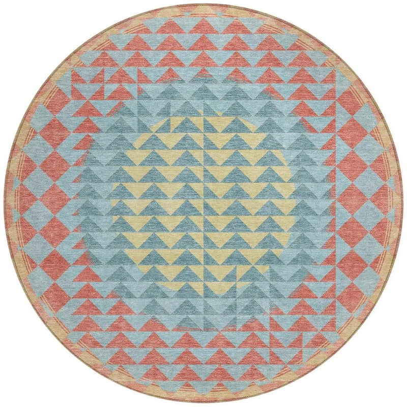 8' Teal Blue And Granite Gray Round Geometric Washable Indoor Outdoor Area Rug Homeroots Outdoor