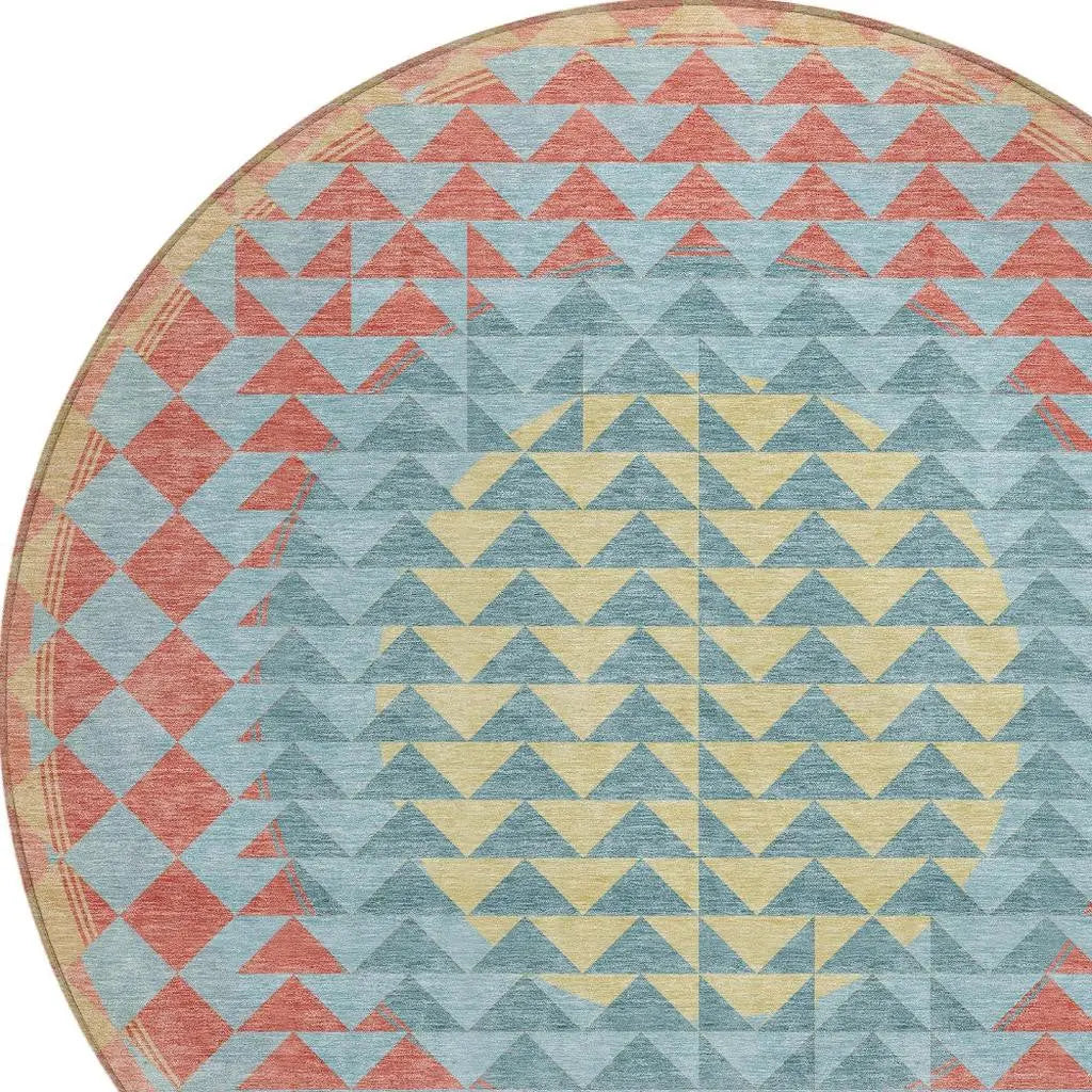 8' Teal Blue And Granite Gray Round Geometric Washable Indoor Outdoor Area Rug Homeroots Outdoor