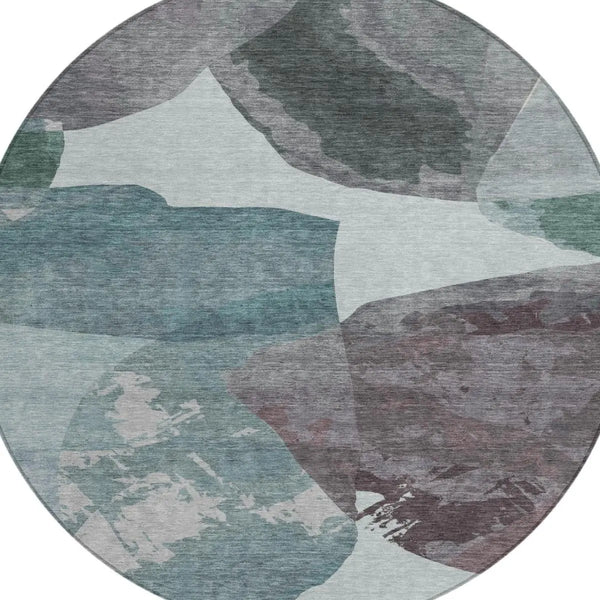 8' Teal Blue And Graphite Round Abstract Washable Indoor Outdoor Area Rug Homeroots Outdoor