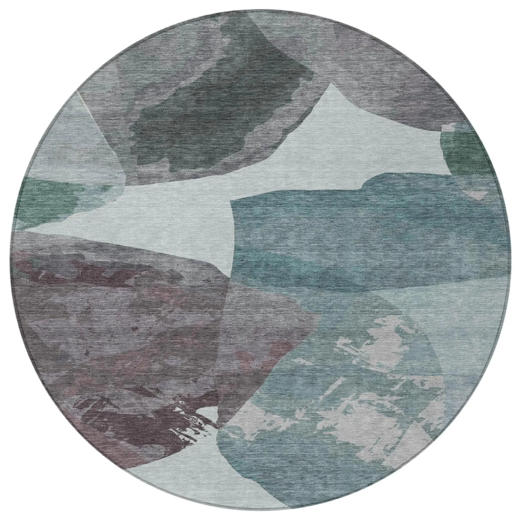 8' Teal Blue And Graphite Round Abstract Washable Indoor Outdoor Area Rug Homeroots Outdoor