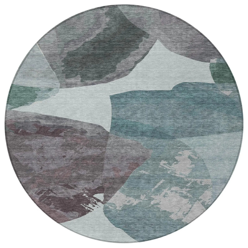 8' Teal Blue And Graphite Round Abstract Washable Indoor Outdoor Area Rug Homeroots Outdoor