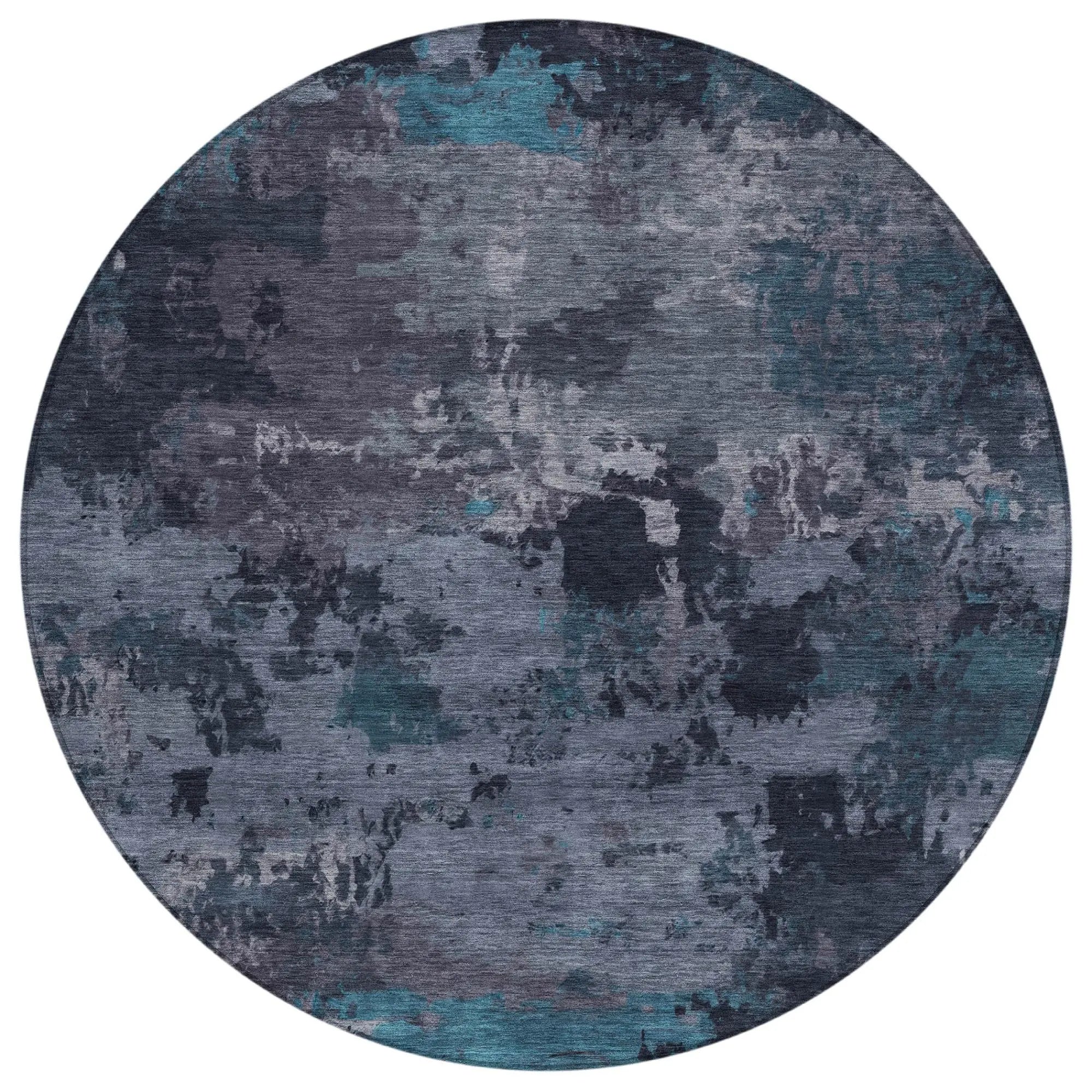 8' Teal Blue And Graphite Round Abstract Washable Indoor Outdoor Area Rug Homeroots Outdoor