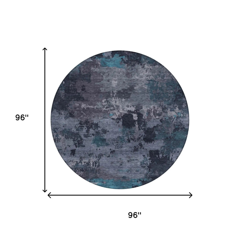 8' Teal Blue And Graphite Round Abstract Washable Indoor Outdoor Area Rug Homeroots Outdoor