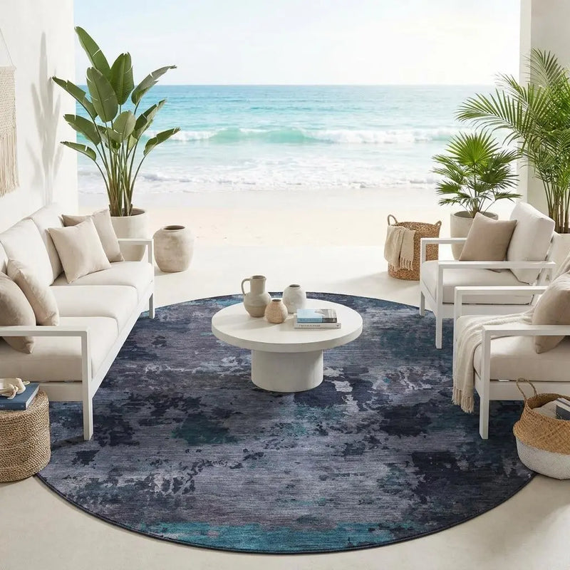8' Teal Blue And Graphite Round Abstract Washable Indoor Outdoor Area Rug Homeroots Outdoor
