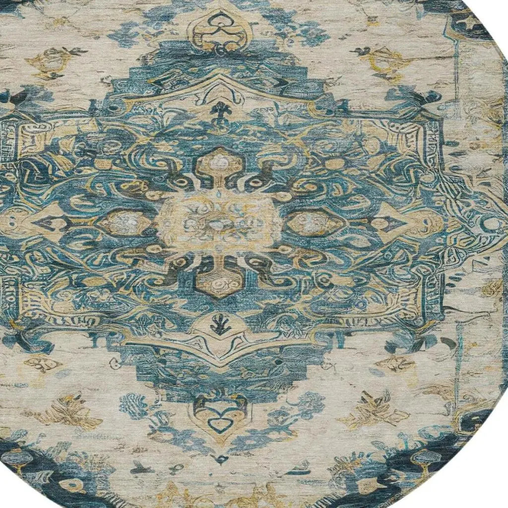 8' Teal Blue And Graphite Round Floral Medallion Washable Indoor Outdoor Area Rug Homeroots Outdoor