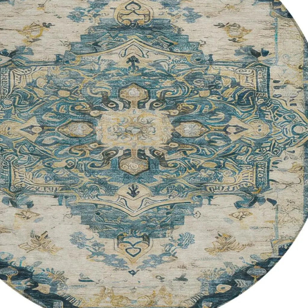 8' Teal Blue And Graphite Round Floral Medallion Washable Indoor Outdoor Area Rug Homeroots Outdoor
