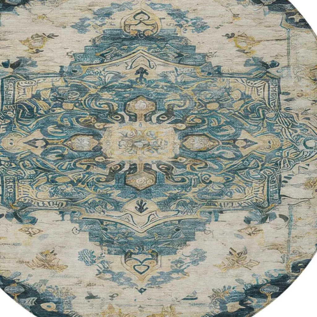 8' Teal Blue And Graphite Round Floral Medallion Washable Indoor Outdoor Area Rug Homeroots Outdoor