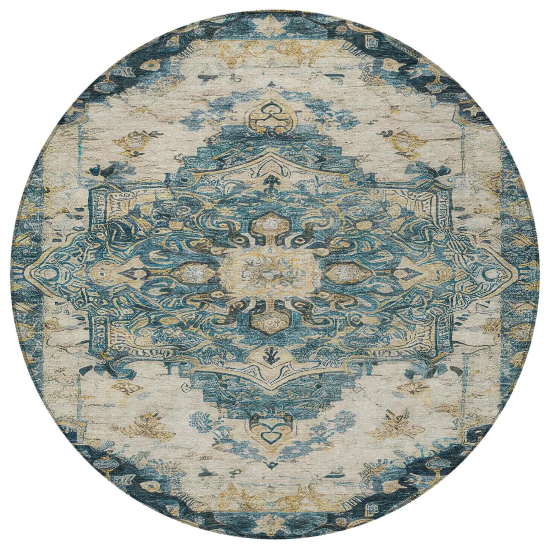 8' Teal Blue And Graphite Round Floral Medallion Washable Indoor Outdoor Area Rug Homeroots Outdoor