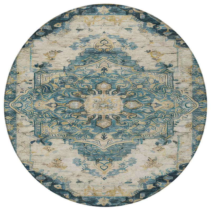 8' Teal Blue And Graphite Round Floral Medallion Washable Indoor Outdoor Area Rug Homeroots Outdoor