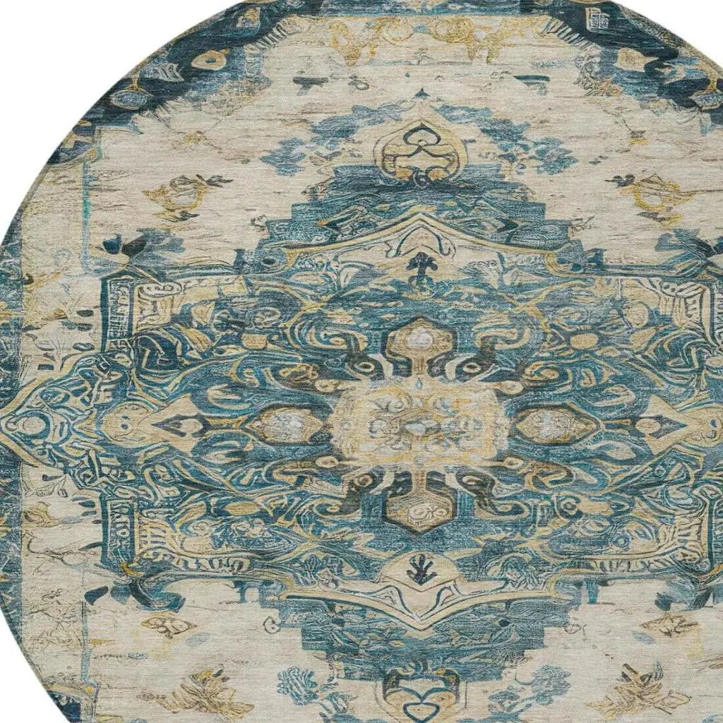 8' Teal Blue And Graphite Round Floral Medallion Washable Indoor Outdoor Area Rug Homeroots Outdoor