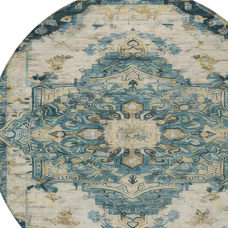8' Teal Blue And Graphite Round Floral Medallion Washable Indoor Outdoor Area Rug Homeroots Outdoor