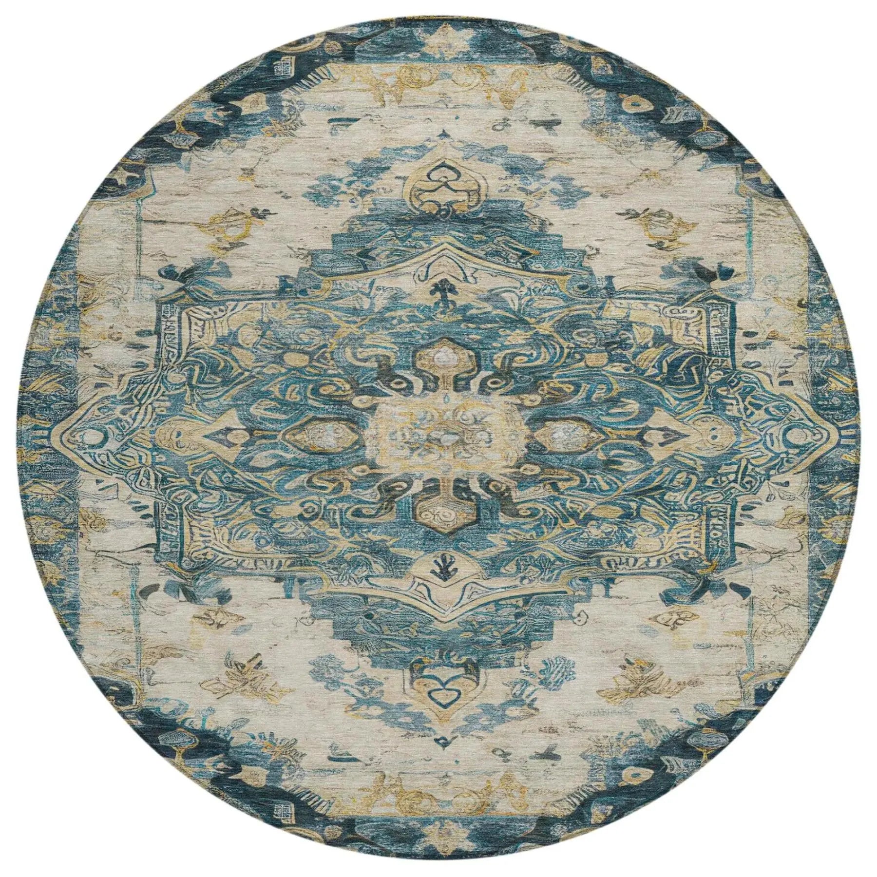 8' Teal Blue And Graphite Round Floral Medallion Washable Indoor Outdoor Area Rug Homeroots Outdoor