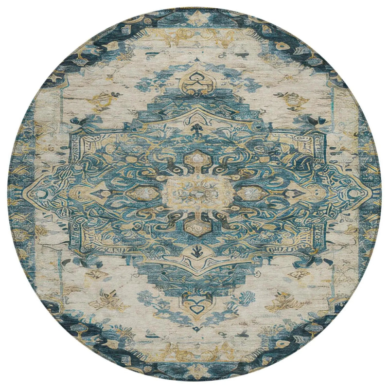 8' Teal Blue And Graphite Round Floral Medallion Washable Indoor Outdoor Area Rug Homeroots Outdoor
