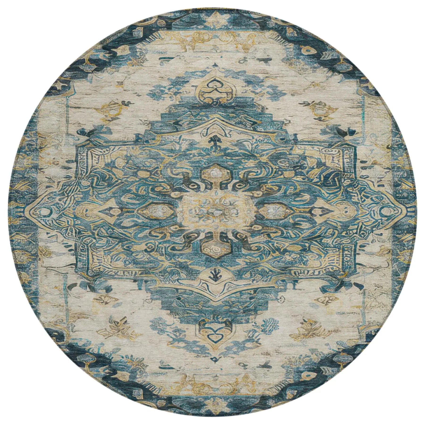 8' Teal Blue And Graphite Round Floral Medallion Washable Indoor Outdoor Area Rug Homeroots Outdoor