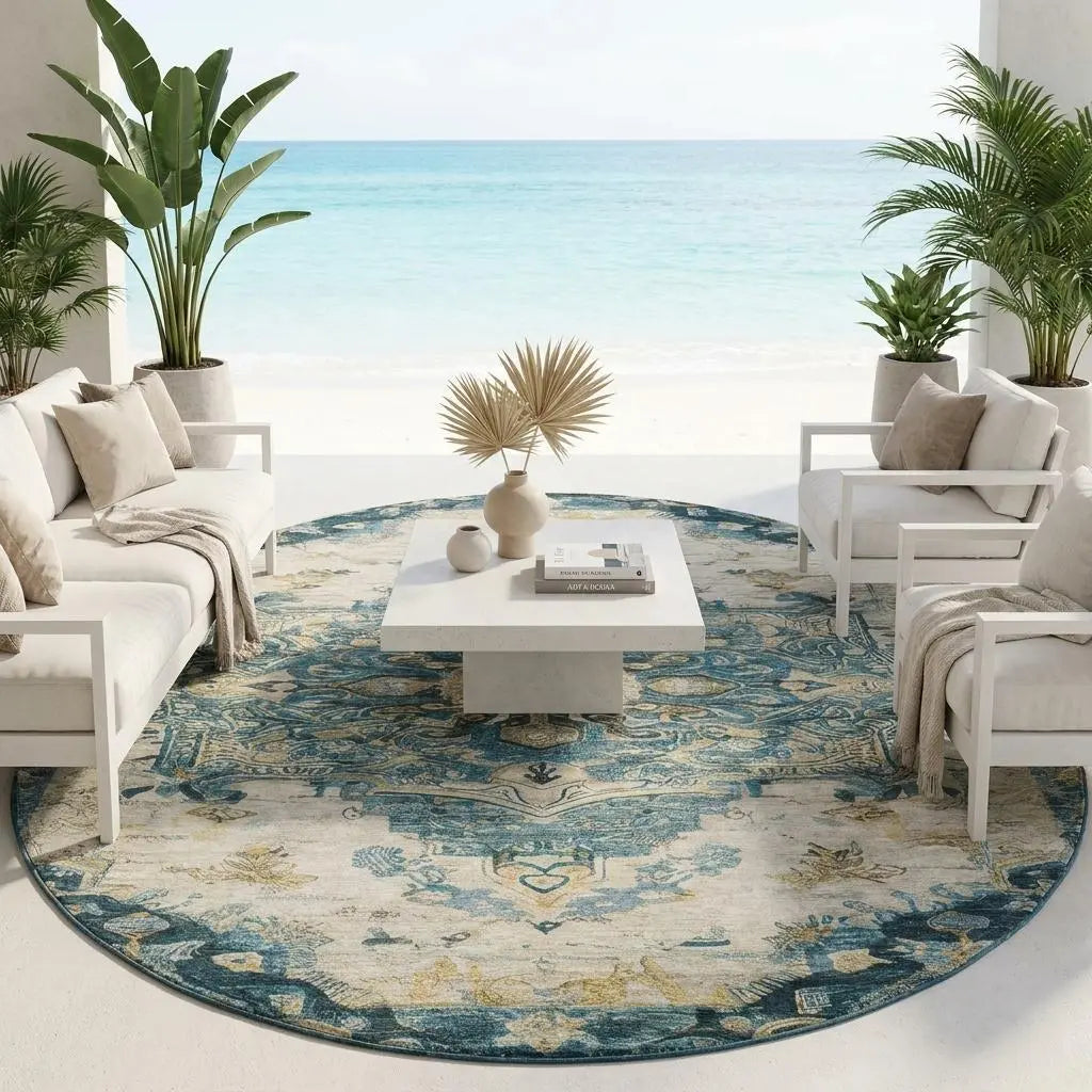 8' Teal Blue And Graphite Round Floral Medallion Washable Indoor Outdoor Area Rug Homeroots Outdoor