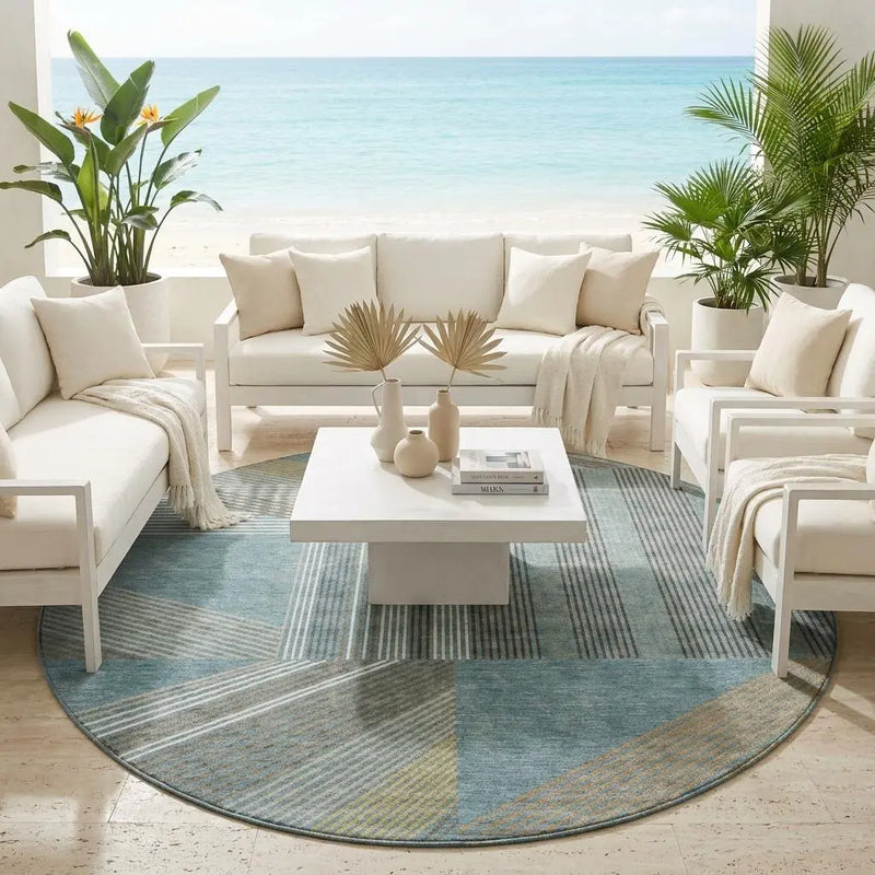 8' Teal Blue And Graphite Round Geometric Washable Indoor Outdoor Area Rug Homeroots Outdoor